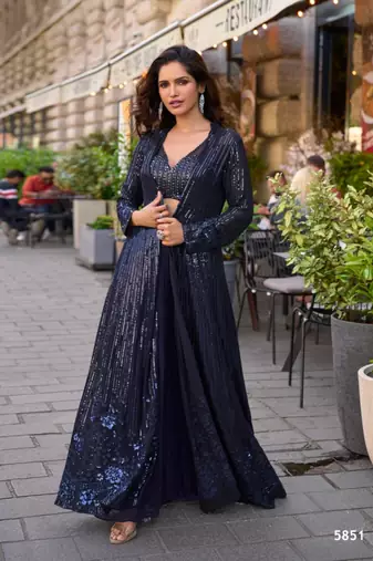 Dark-blue faux georgette embroidered palazzo set
