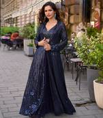 Dark-blue faux georgette embroidered palazzo set