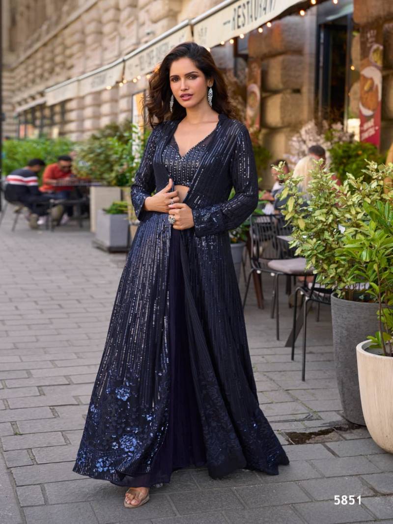 Dark-blue faux georgette embroidered palazzo set