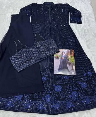 Dark-blue faux georgette embroidered palazzo set 2