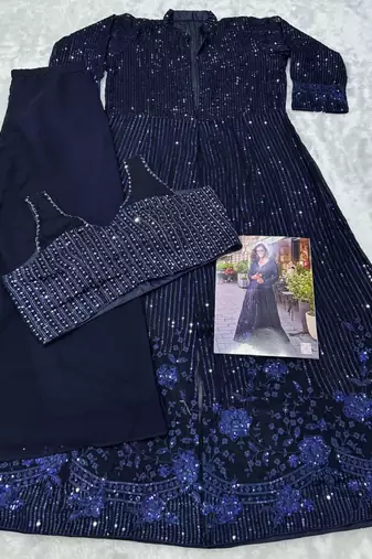 Dark-blue faux georgette embroidered palazzo set