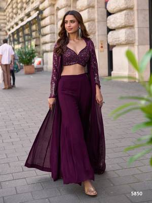 Wine faux georgette embroidered palazzo set 1