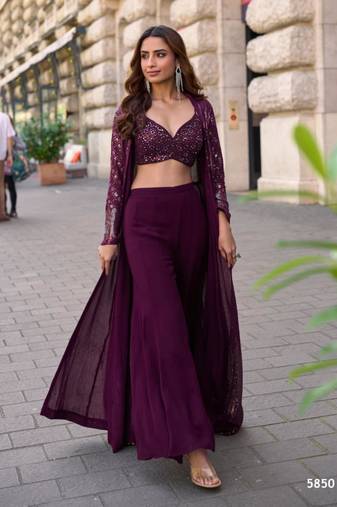 Wine faux georgette embroidered palazzo set