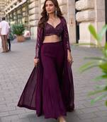 Wine faux georgette embroidered palazzo set