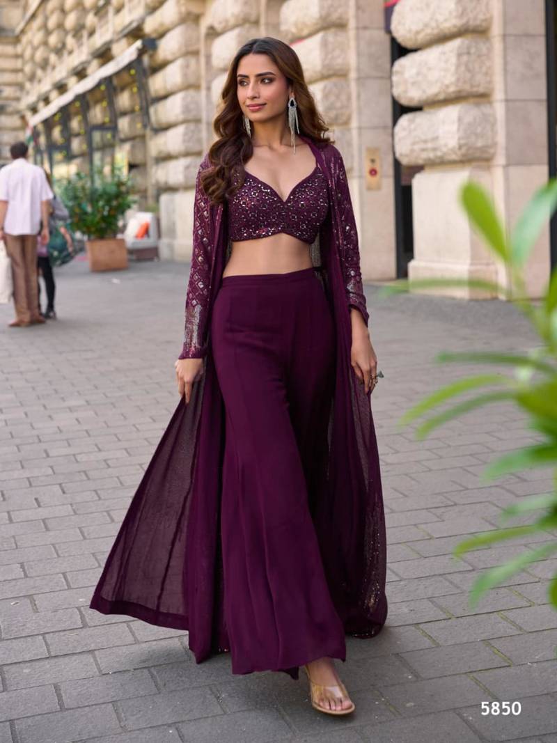 Wine faux georgette embroidered palazzo set