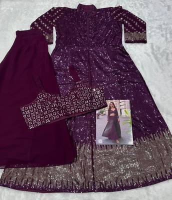 Wine faux georgette embroidered palazzo set 2