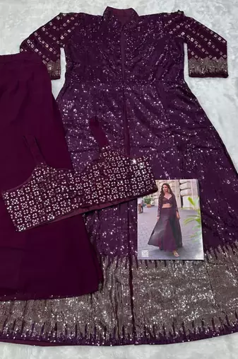 Wine faux georgette embroidered palazzo set