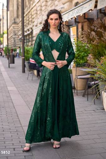 Dark-green faux georgette embroidered palazzo set