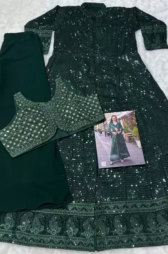 Dark-green faux georgette embroidered palazzo set