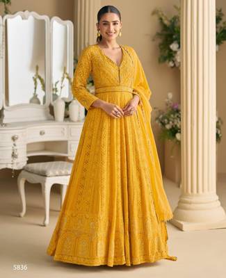 Yellow georgette embroidered flared gown set 1