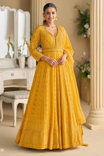 Yellow georgette embroidered flared gown set