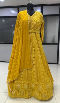 Yellow georgette embroidered flared gown set 2