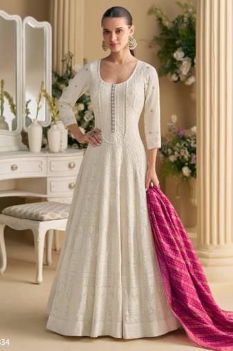 Off-white georgette embroidered flared gown set