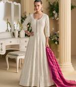 Off-white georgette embroidered flared gown set