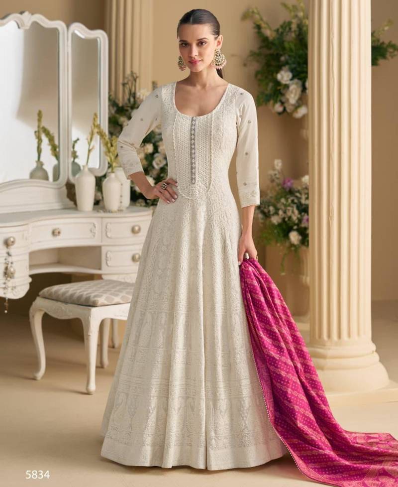 Off-white georgette embroidered flared gown set