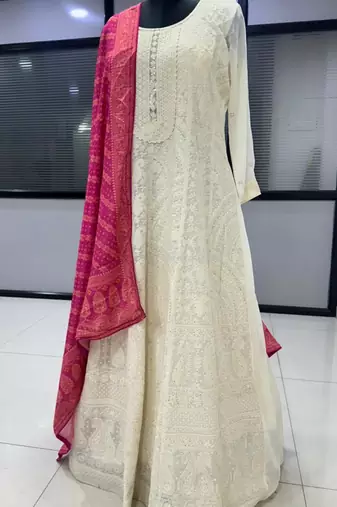 Off-white georgette embroidered flared gown set