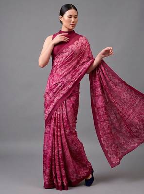 Pink printed satin saree with blouse 4