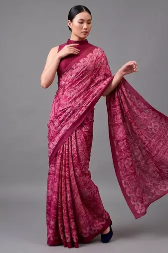 Pink printed satin saree with blouse