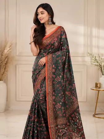 dark green color kalamkari prints contrast pallu cotton blend saree