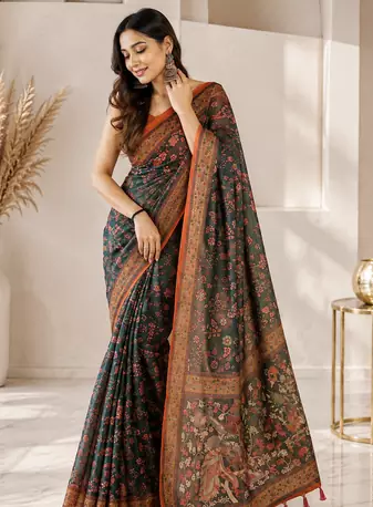 dark green color kalamkari prints contrast pallu cotton blend saree