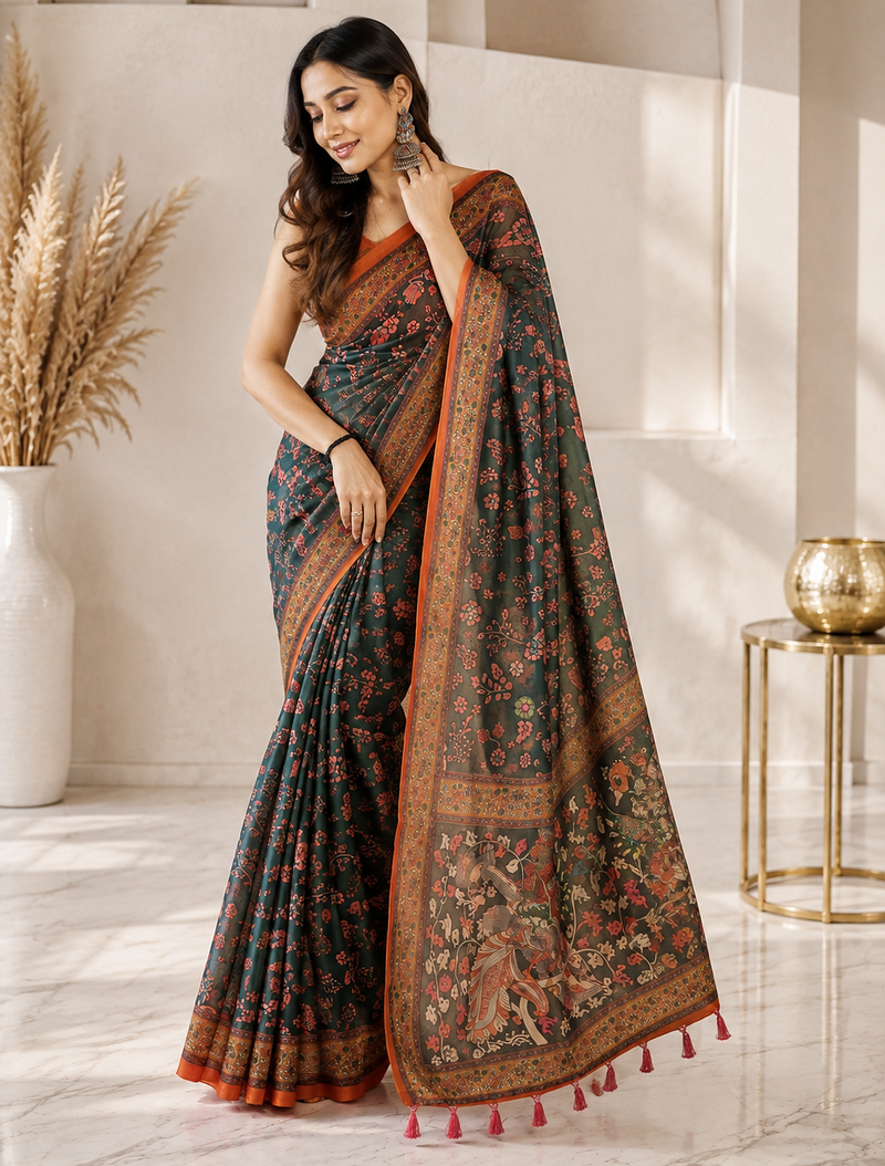 dark green color kalamkari prints contrast pallu cotton blend saree