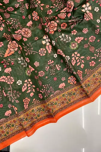 dark green color kalamkari prints contrast pallu cotton blend saree