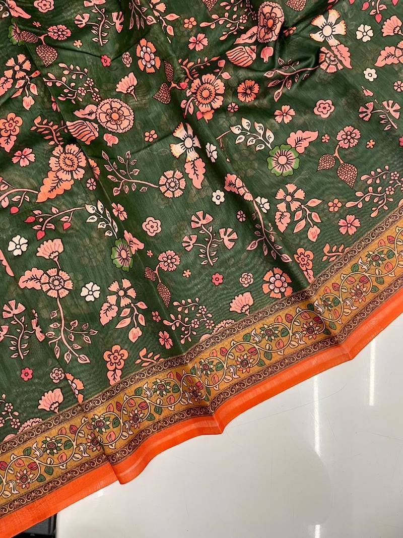 dark green color kalamkari prints contrast pallu cotton blend saree