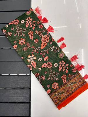 dark green color kalamkari prints contrast pallu cotton blend saree 5