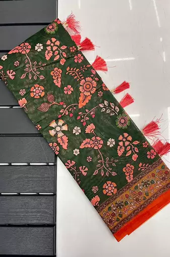 dark green color kalamkari prints contrast pallu cotton blend saree