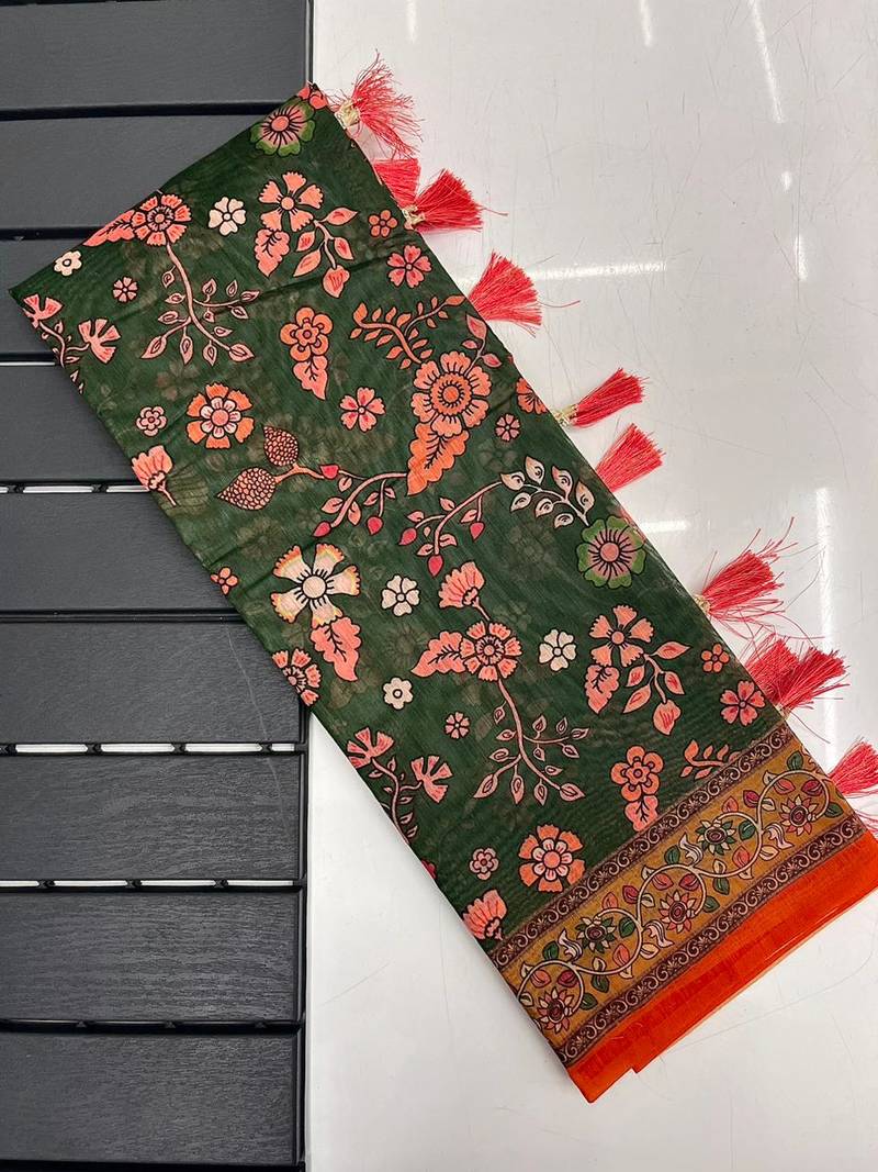 dark green color kalamkari prints contrast pallu cotton blend saree