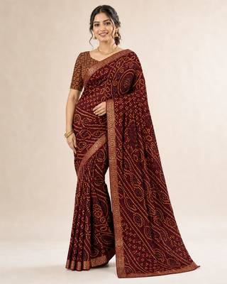 Wine bandhani print chiffon saree with unstitch blouse 1