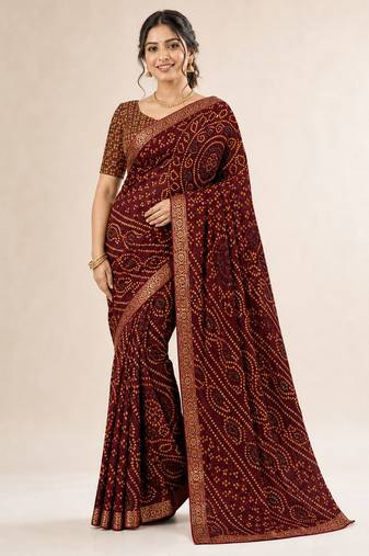 Wine bandhani print chiffon saree with unstitch blouse