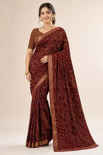 Wine bandhani print chiffon saree with unstitch blouse