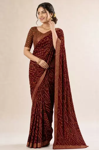 Wine bandhani print chiffon saree with unstitch blouse
