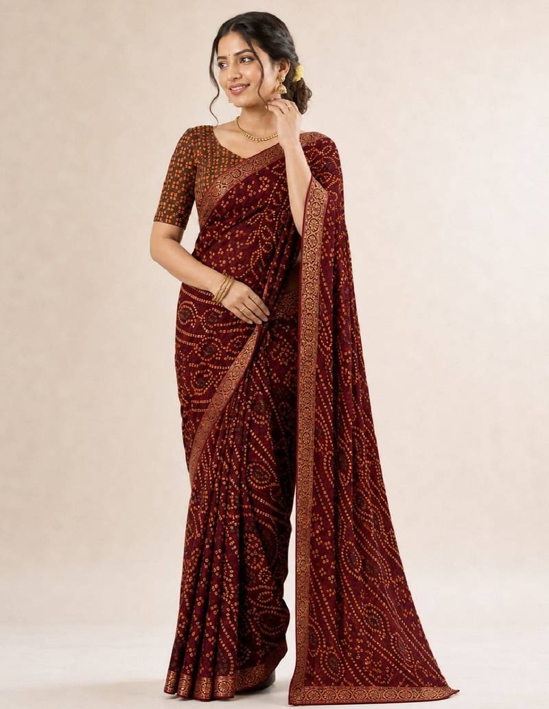 Wine bandhani print chiffon saree with unstitch blouse
