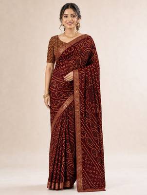 Wine bandhani print chiffon saree with unstitch blouse 3