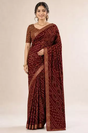 Wine bandhani print chiffon saree with unstitch blouse