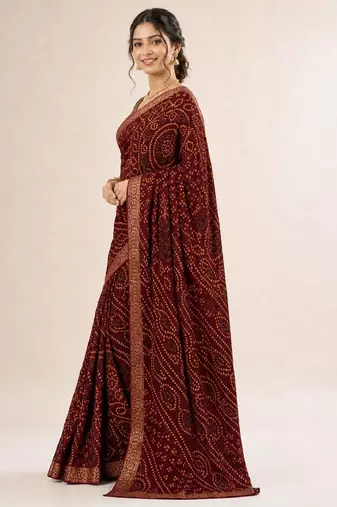 Wine bandhani print chiffon saree with unstitch blouse
