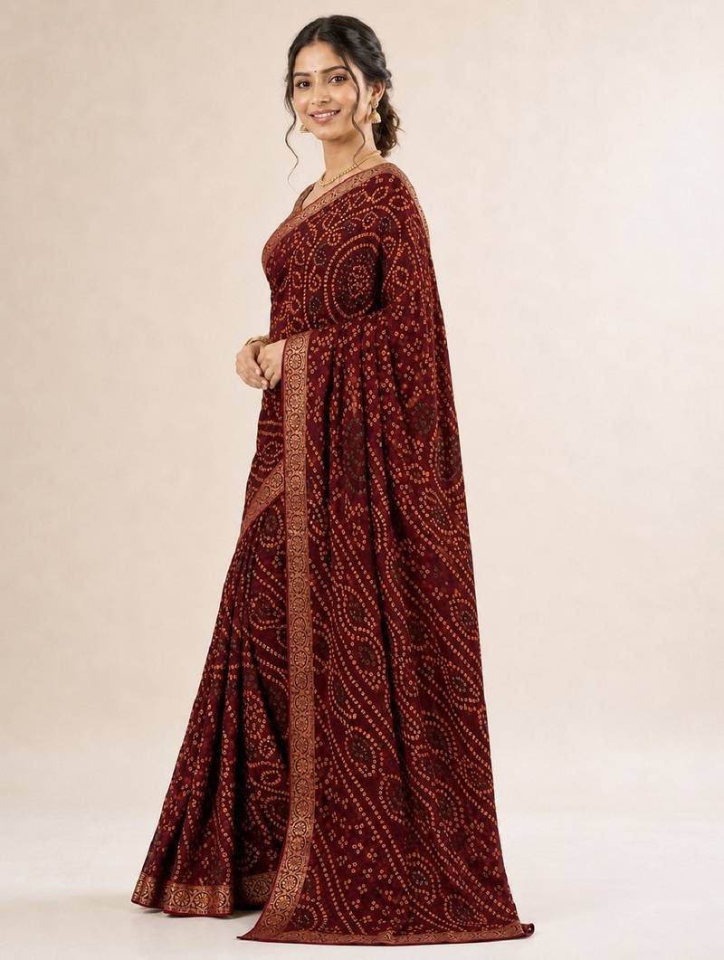 Wine bandhani print chiffon saree with unstitch blouse