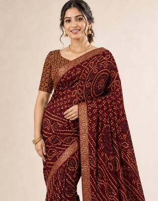 Wine bandhani print chiffon saree with unstitch blouse 5