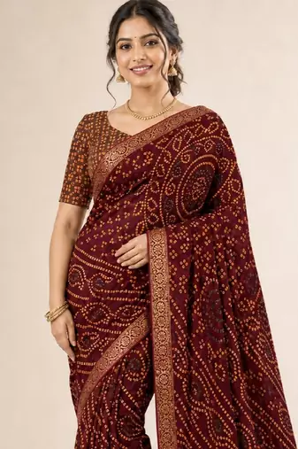 Wine bandhani print chiffon saree with unstitch blouse