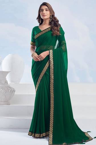 Green georgette designer border saree with unstitch blouse
