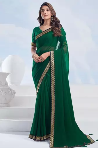 Green georgette designer border saree with unstitch blouse