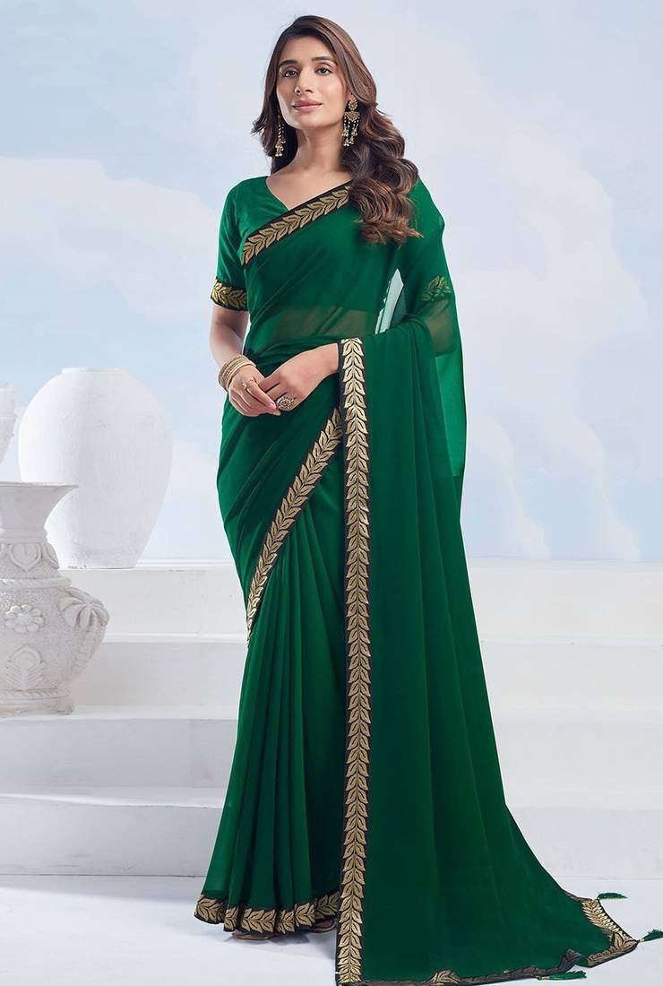Green georgette designer border saree with unstitch blouse