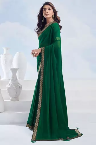 Green georgette designer border saree with unstitch blouse