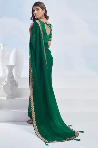 Green georgette designer border saree with unstitch blouse