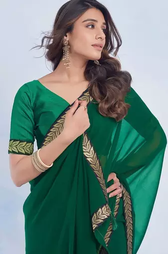 Green georgette designer border saree with unstitch blouse