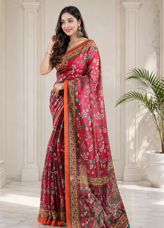 maroon color kalamkari prints contrast pallu cotton blend saree