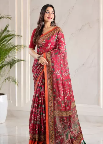 maroon color kalamkari prints contrast pallu cotton blend saree