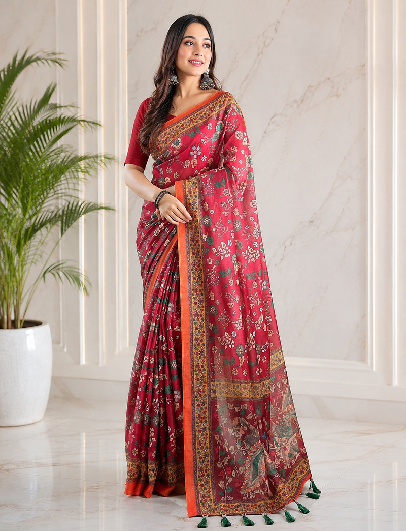 maroon color kalamkari prints contrast pallu cotton blend saree